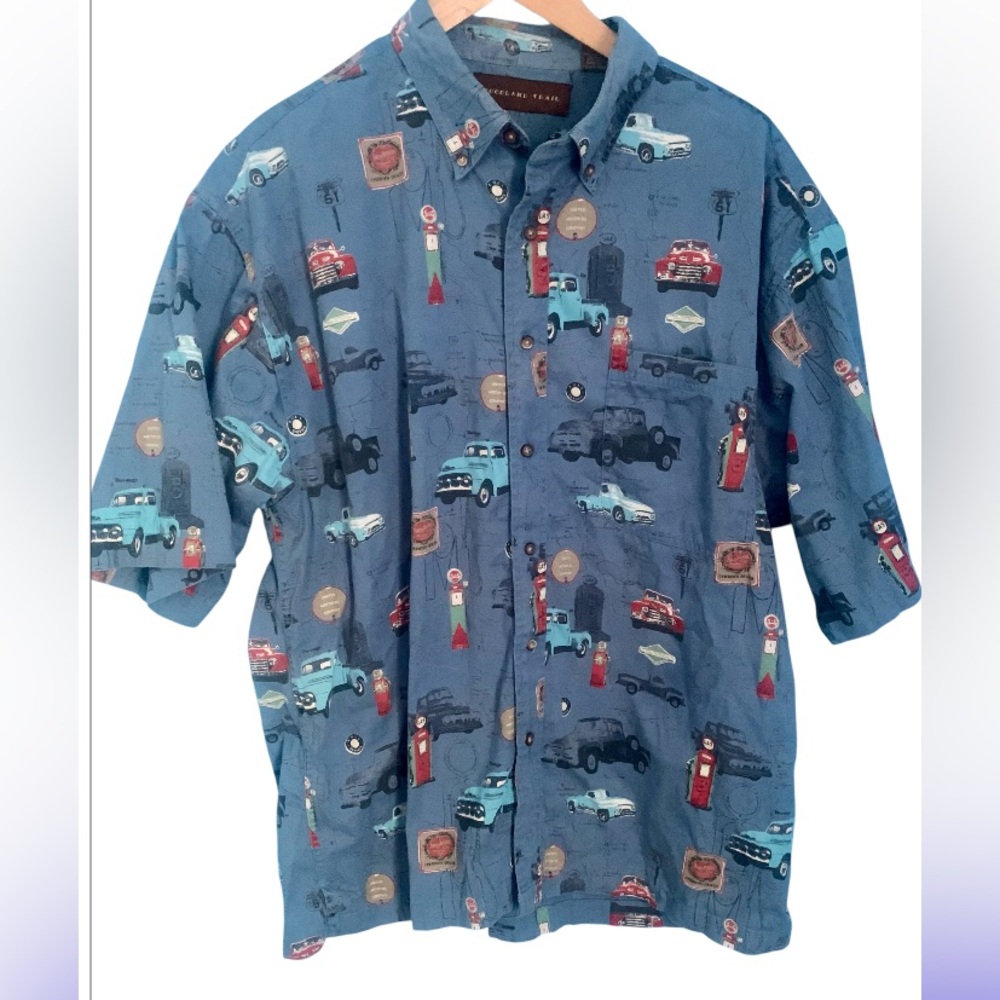 Woodland Trail Old Ford Truck Gas Pump Auto Car Theme Button Down Shirt XXL